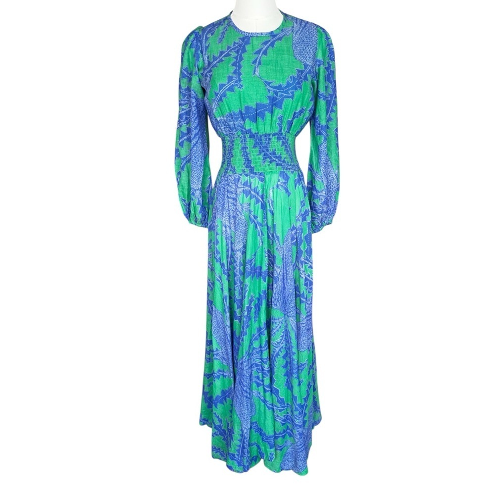 Oliphant Crew Neck Smocked Waist Maxi in Thistle Green XS - Picture 3 of 13